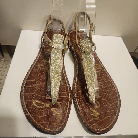 Sam Edelman "GIGI" Gold Glitter Leather T-Strap Flat Sandals sz.8.5 Ret.$120 - Picture 1 of 7